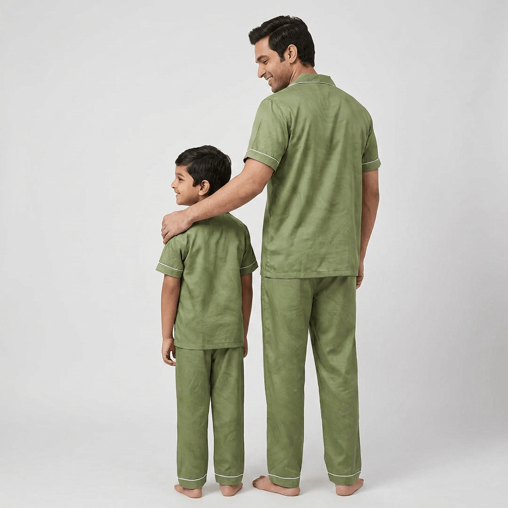 Dad and his mini-me in matching Olive Green half-sleeve night suit