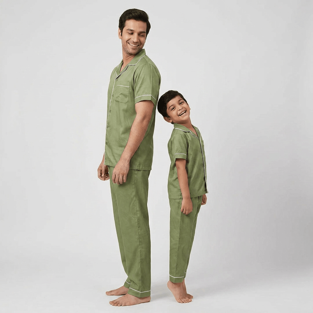 Olive Green daddy and me pajama set worn together