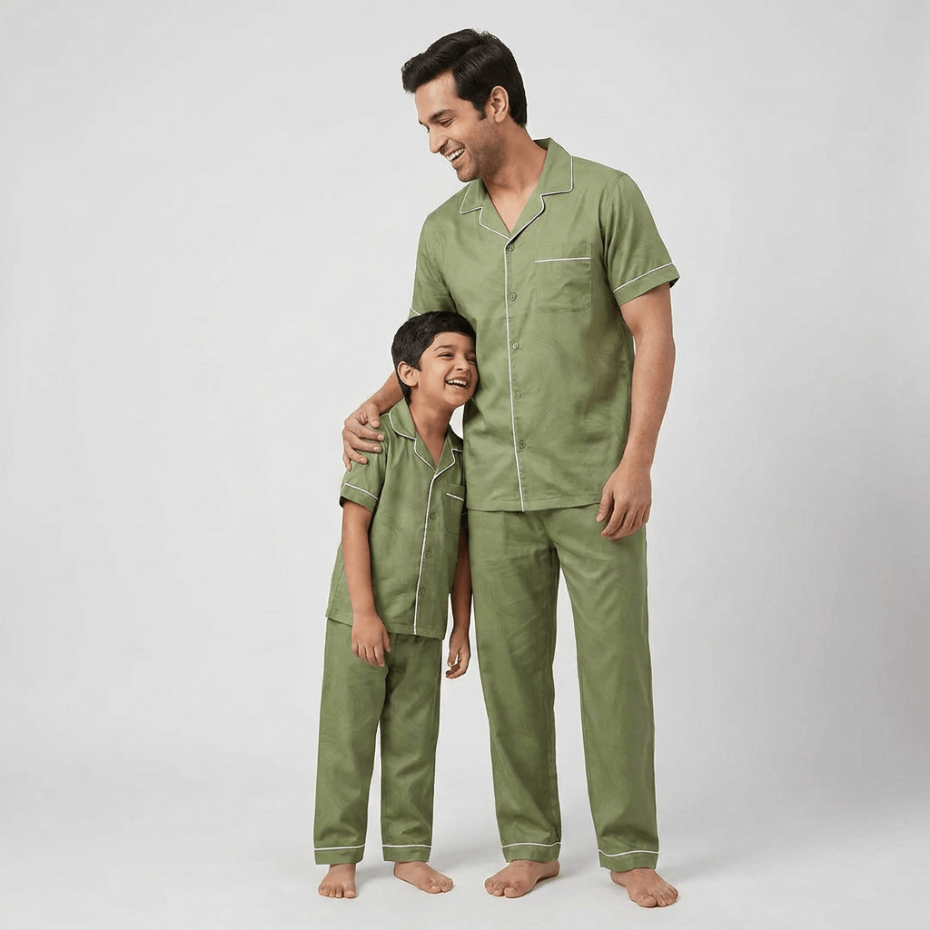 Matching Olive Green half-sleeve night suit for father and son