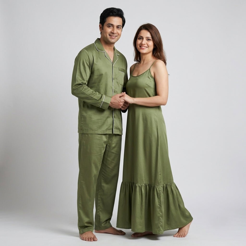 Him and her twinning in Olive Green Satin night suit by Pajama Tribe