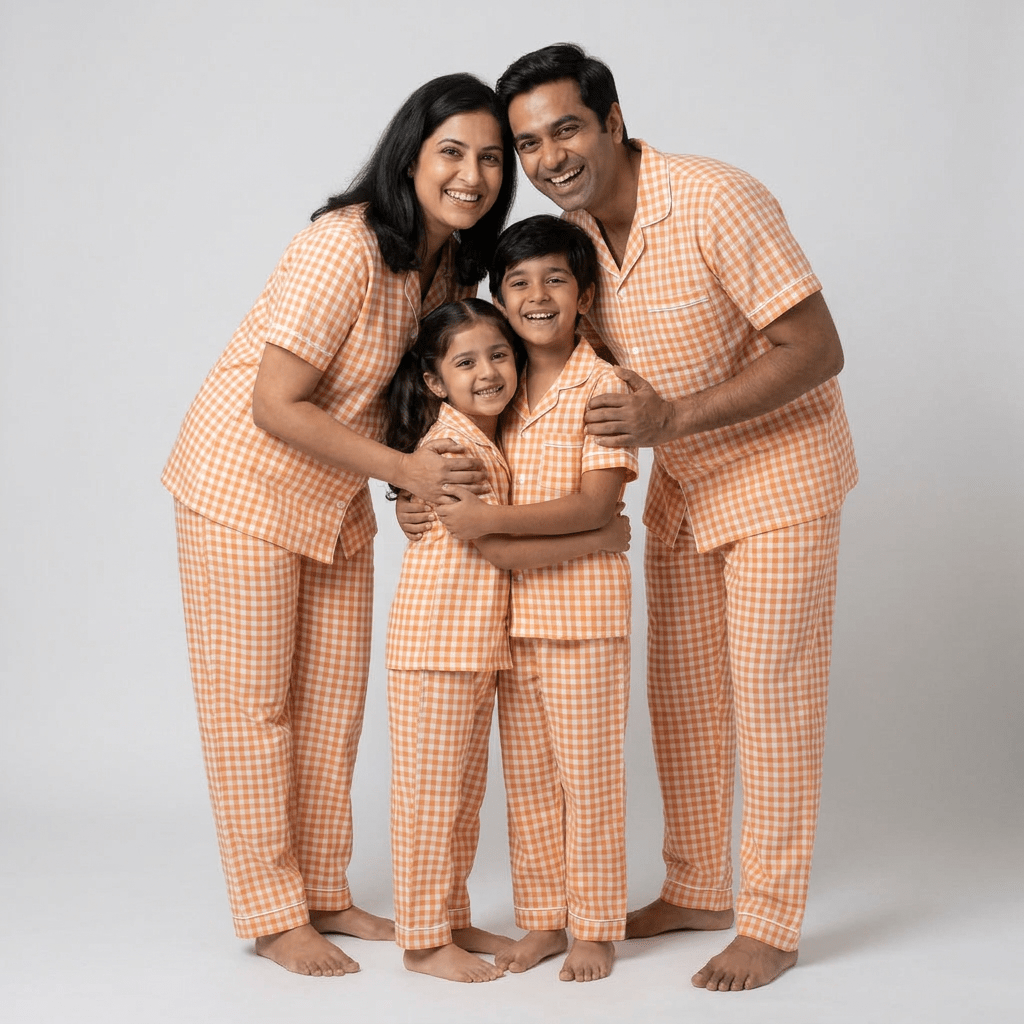 The whole family in matching Orange Gingham half-sleeve night suit