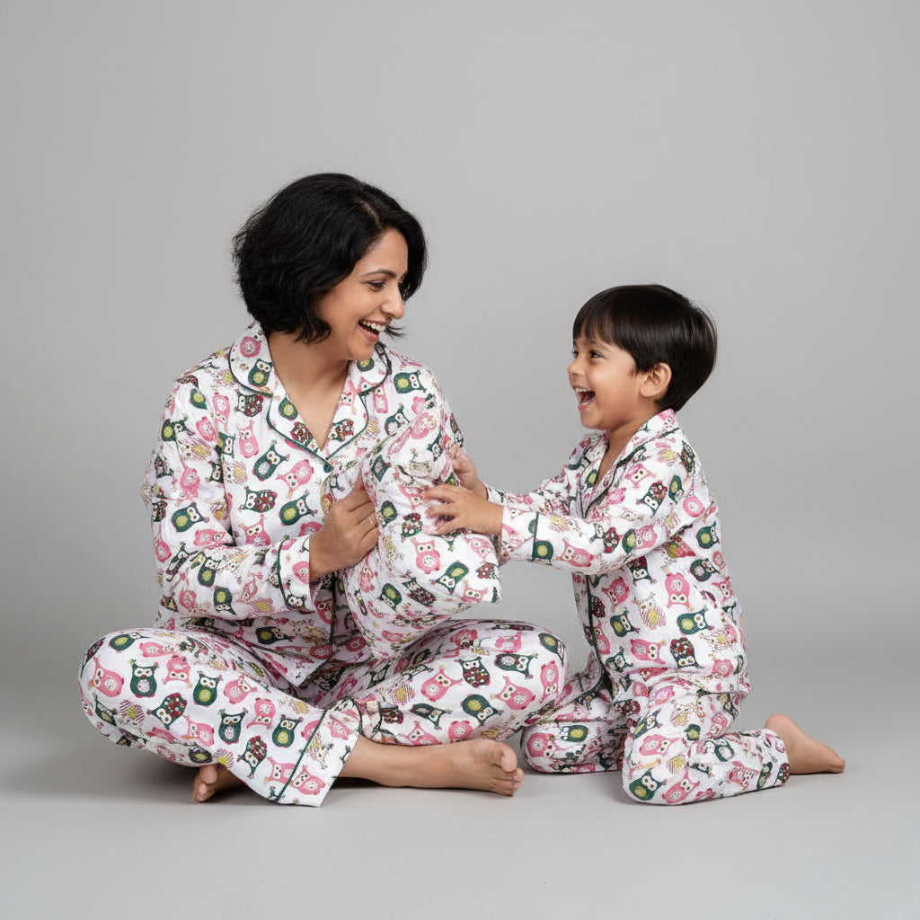 Mother and son wearing owl print matching pajamas, soft coordinated nightwear.
