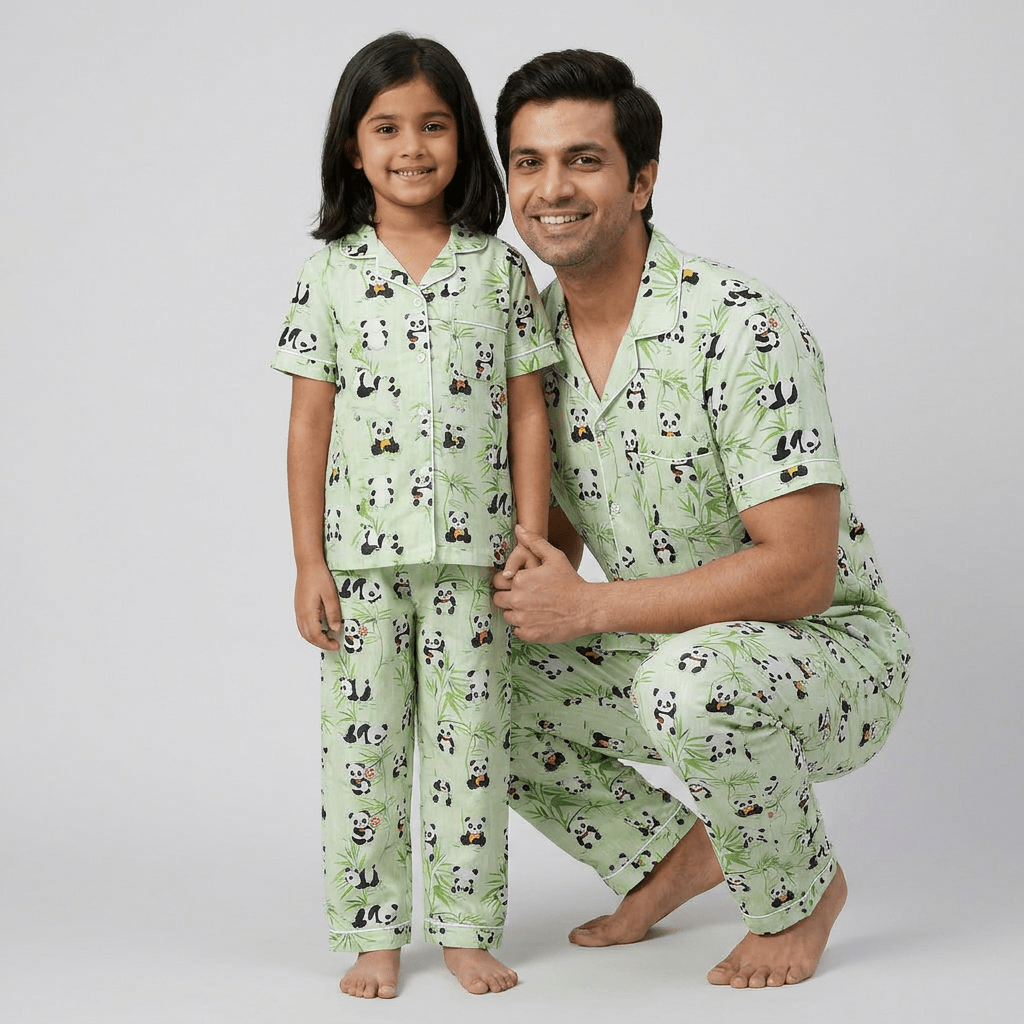 Father and daughter twinning in Panda half-sleeve night suit by Pajama Tribe