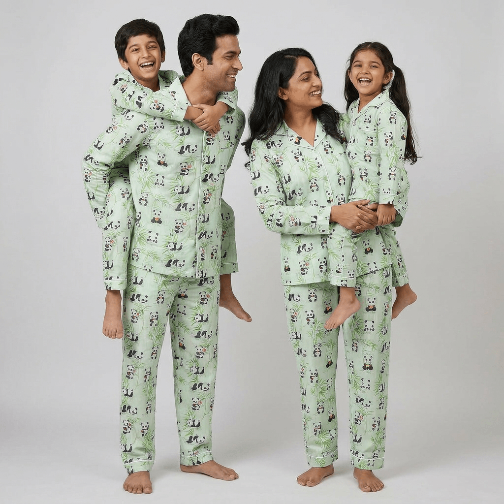 Panda matching full-sleeve night suit for mom, dad and the kids, styled together
