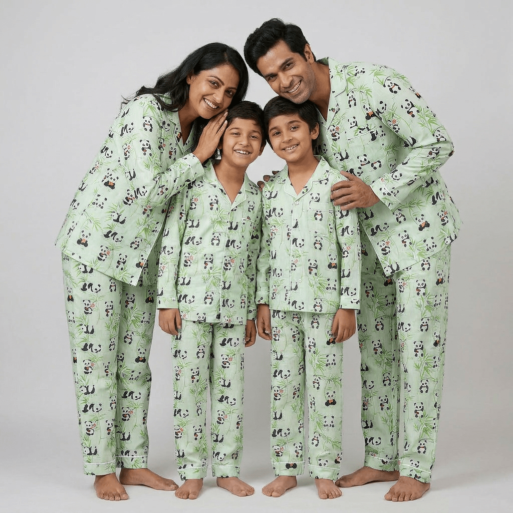 Panda matching family pajamas worn together