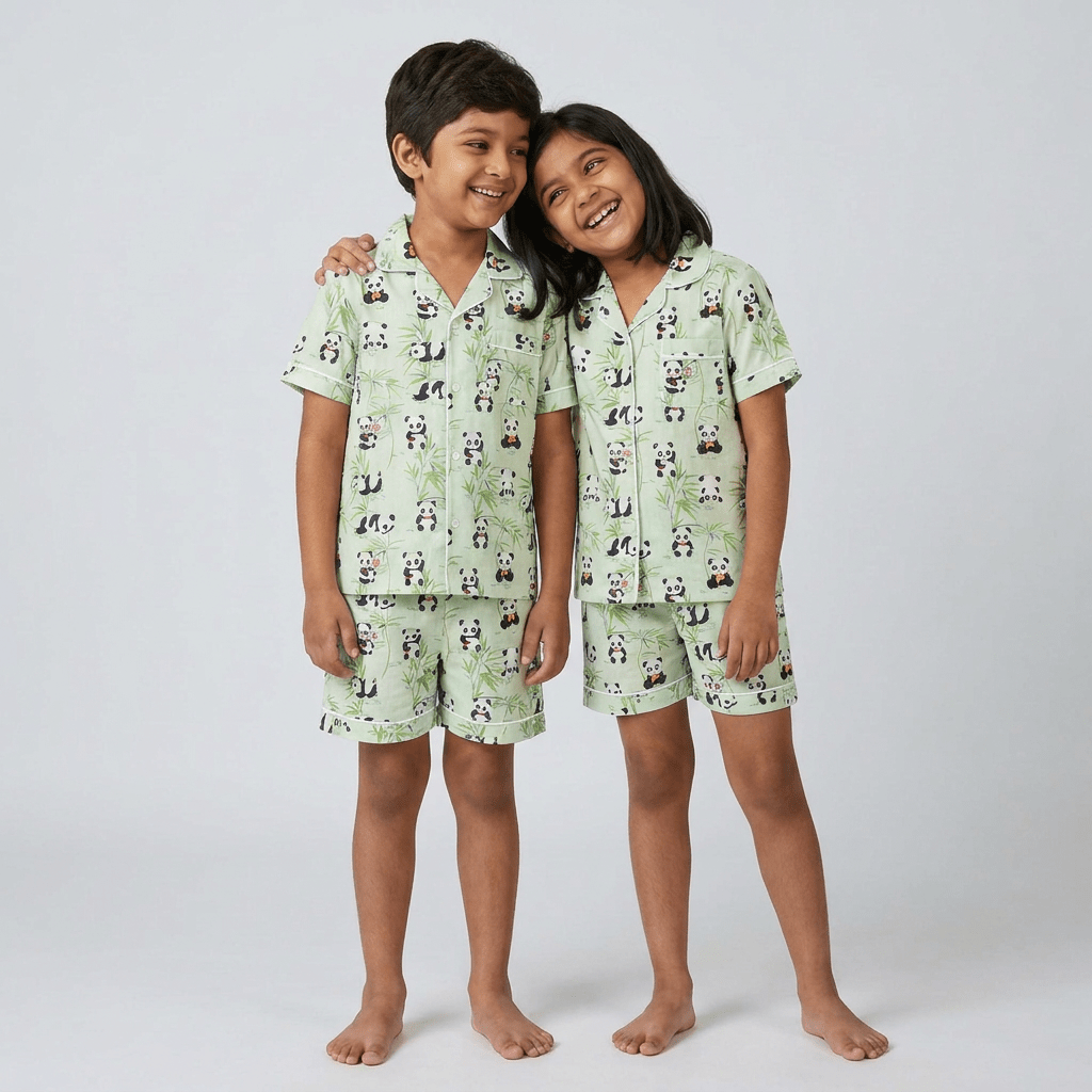 Brother and sister in matching Panda shorts set
