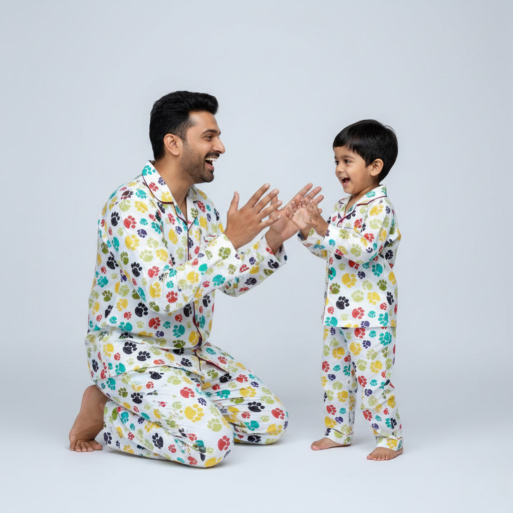 Father and son wearing paw print matching pajamas, pet-inspired coordinated look.