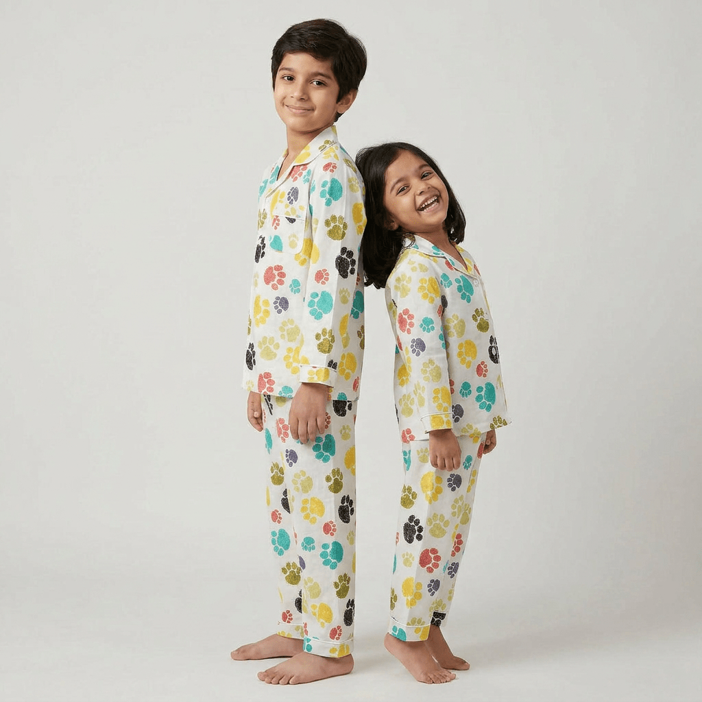 Brother and sister in matching Paw full-sleeve night suit