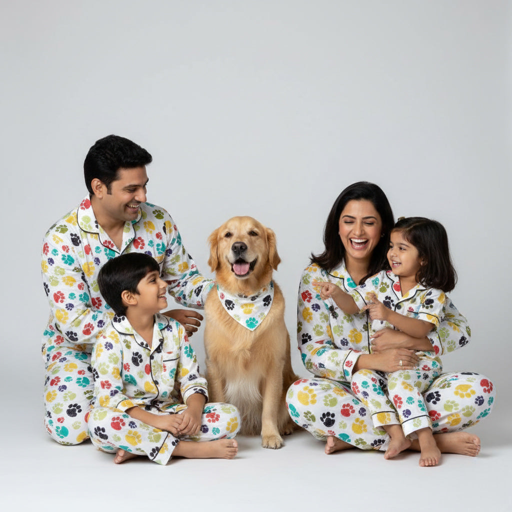 Family wearing paw print matching pajamas, pet-inspired coordinated design.