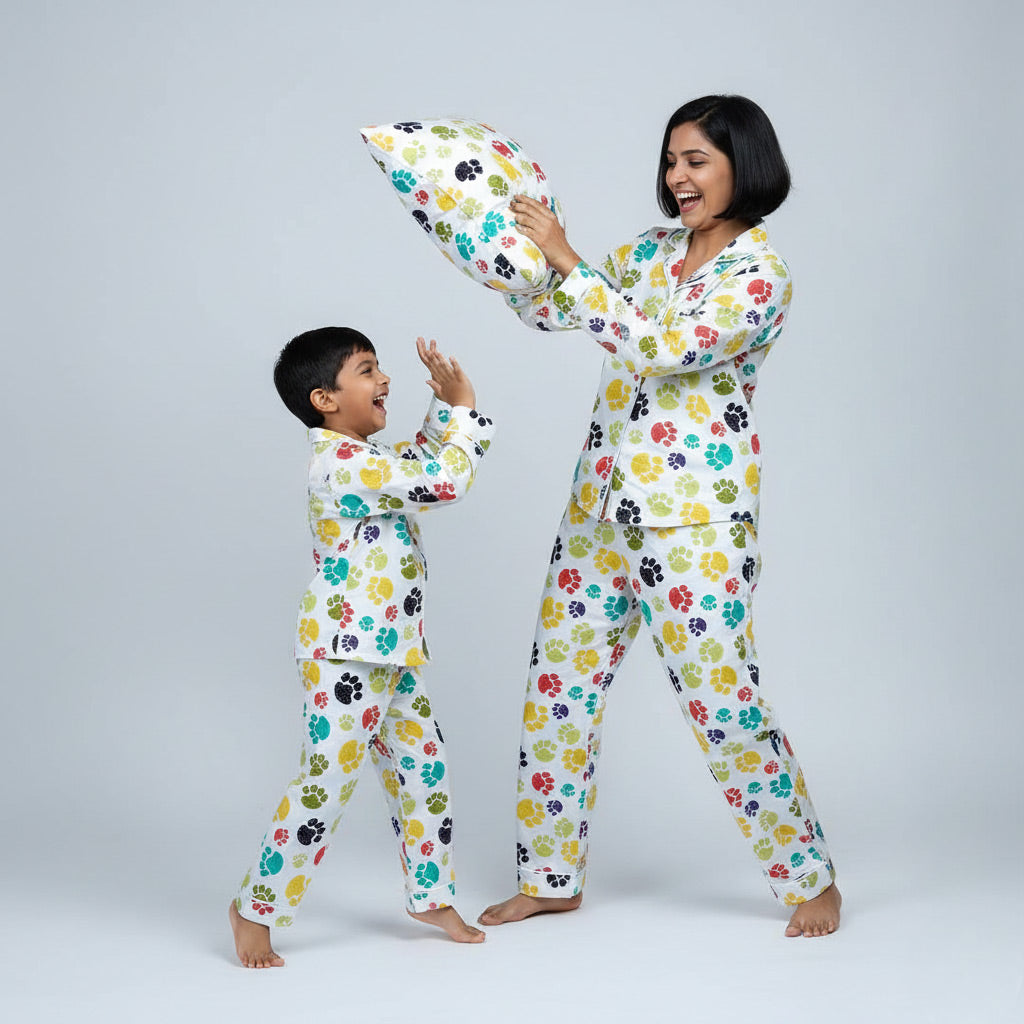 Mother and son wearing paw print matching pajamas, pet-themed coordinated nightwear.