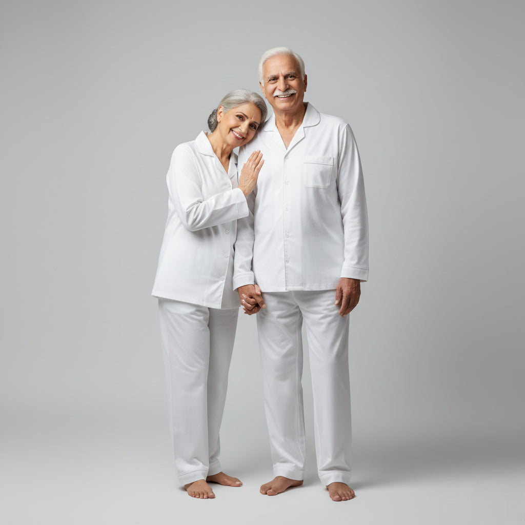 Elderly couple in pearl white matching pajama set, soft classic coordinated sleepwear.