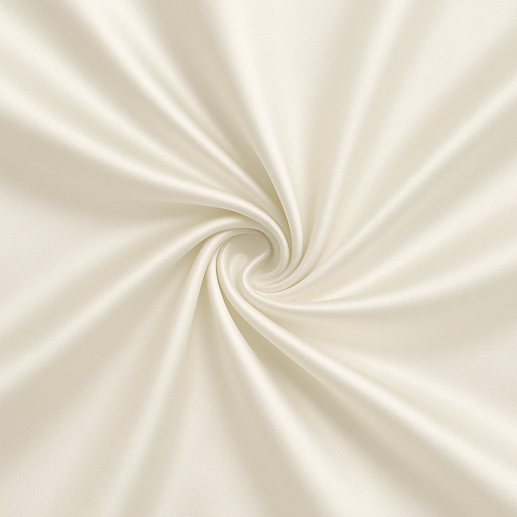 Close-up of cream-colored satin fabric with a swirl pattern