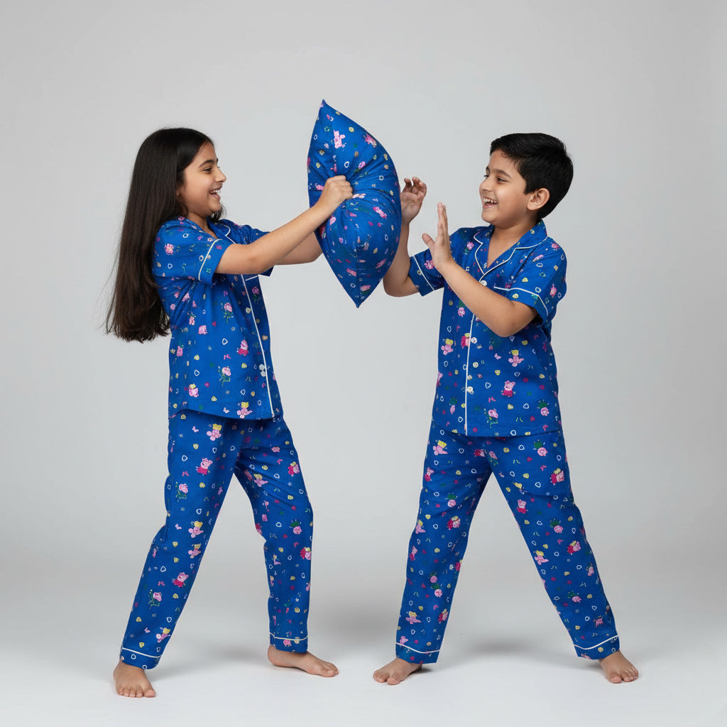 Brother and sister in Peppa Pig matching pajamas, cartoon character coordinated sleepwear.