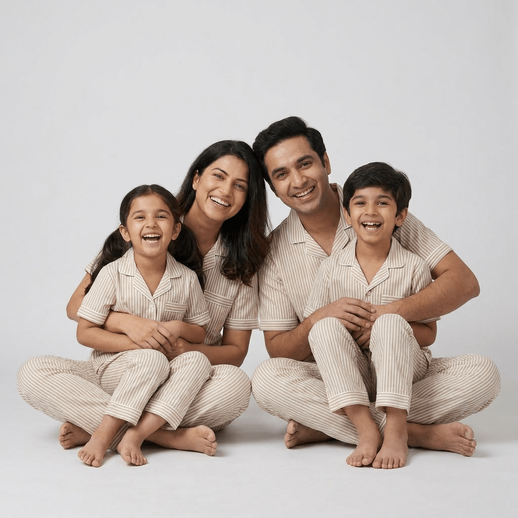 Matching Beige Pinstripes half-sleeve night suit for the whole family