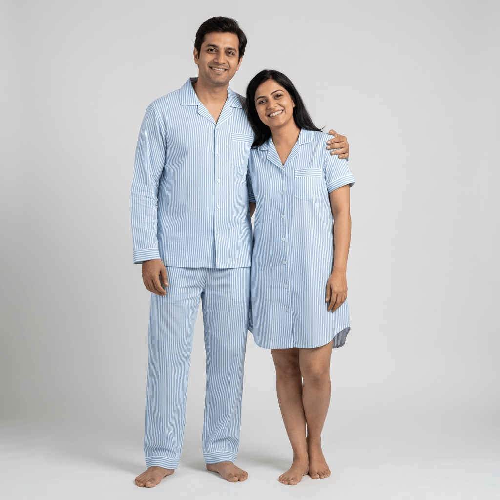 The two of you in matching Sky Blue Pin Stripes night suit