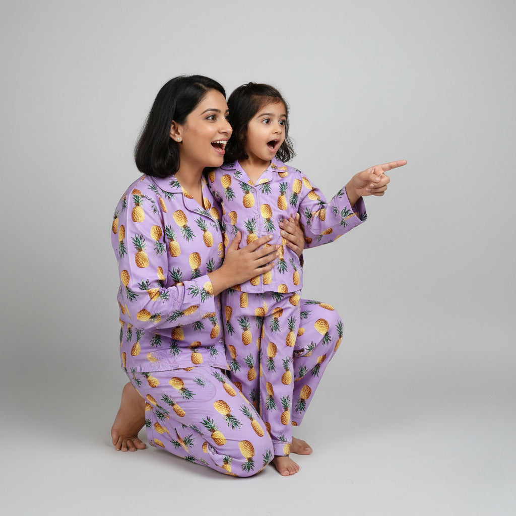 Mother and daughter in pineapple print matching pajamas, bright tropical coordinated set.