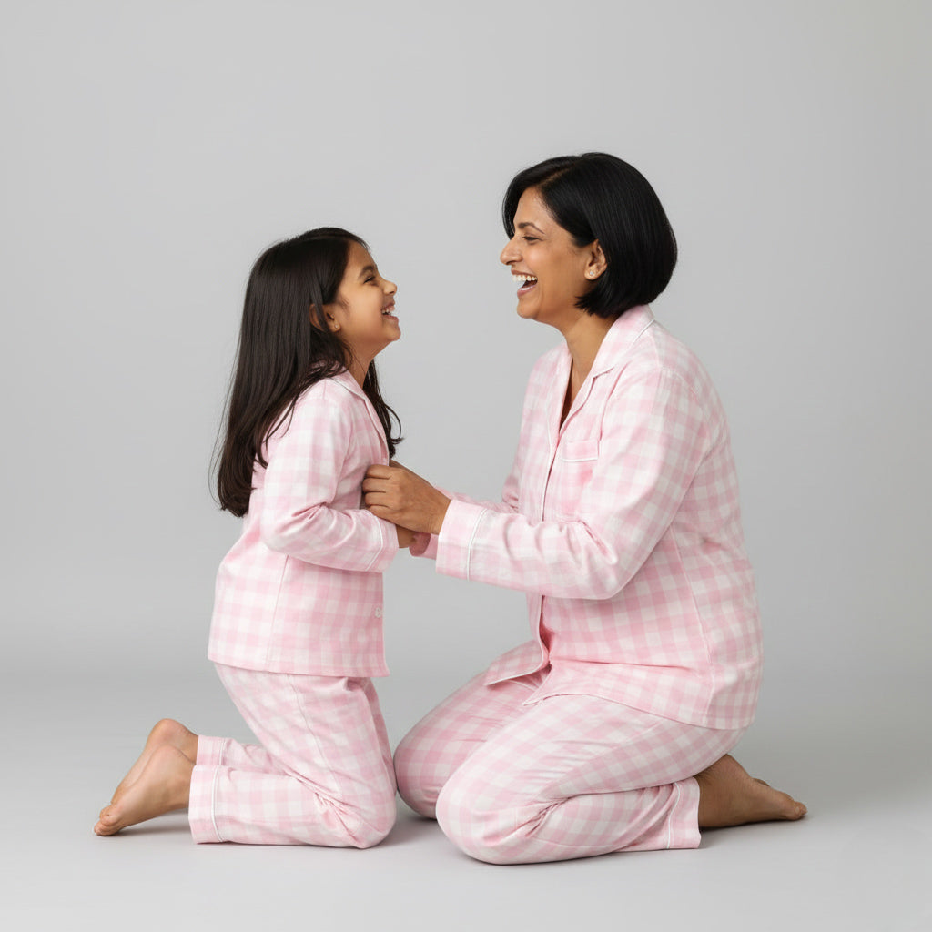 Mother and daughter wearing pink gingham matching pajamas, classic coordinated nightwear.