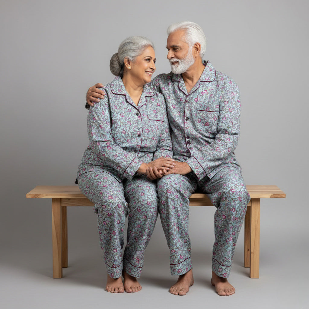 Elderly couple wearing pink petals matching pajamas, floral coordinated nightwear.