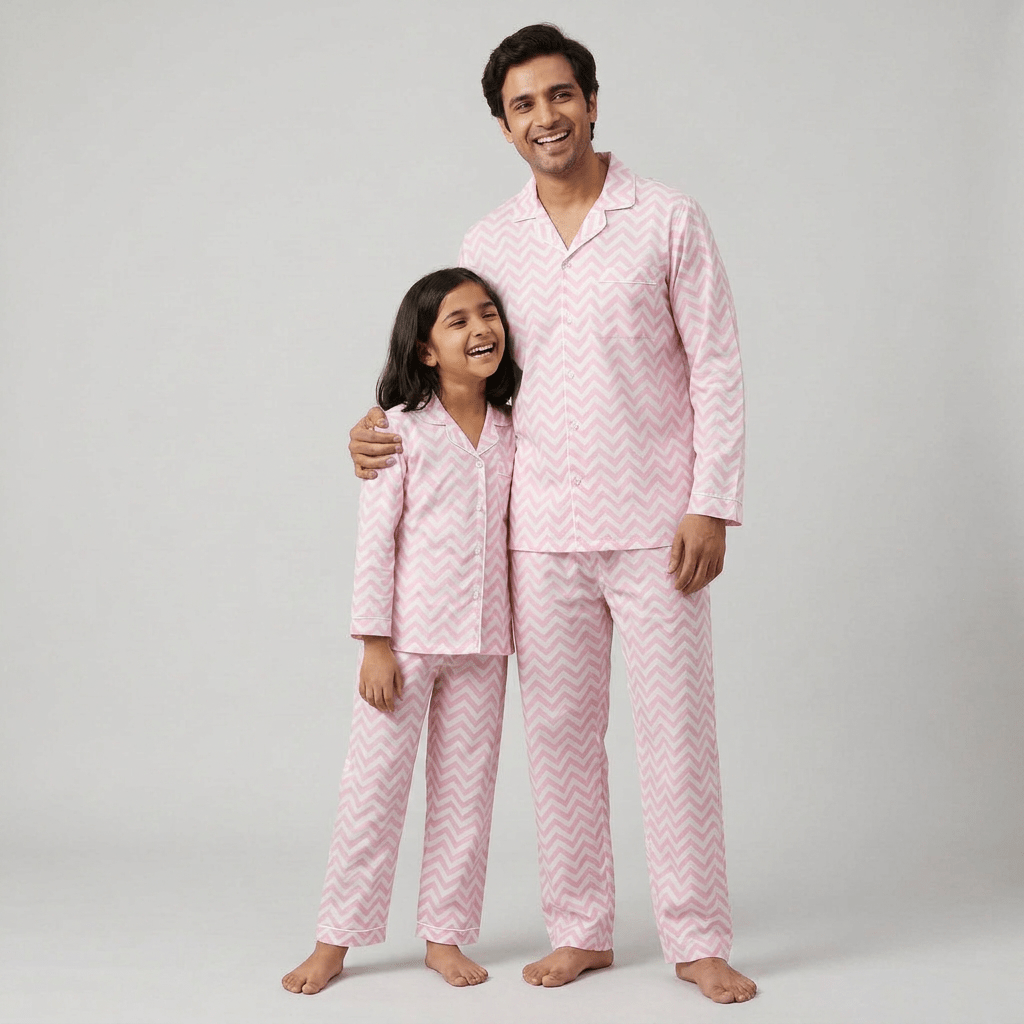 Pink Zig Zag matching full-sleeve night suit for papa and his girl, styled together