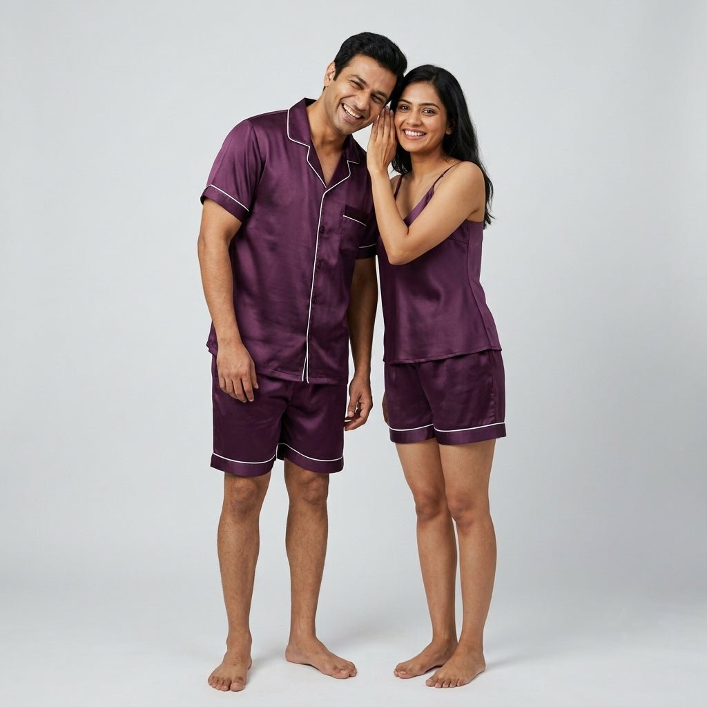 Plum Purple Satin couple night suit worn together