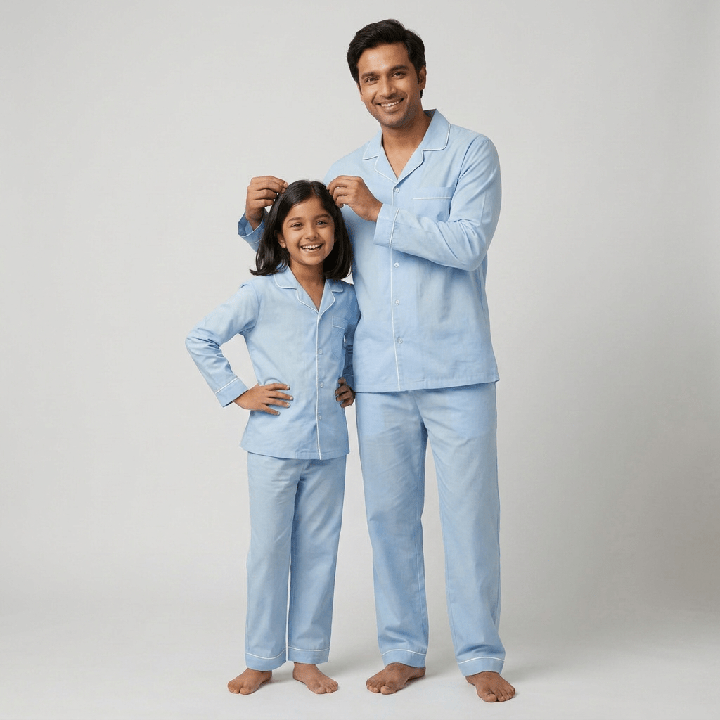 Papa and his girl twinning in Powder Blue full-sleeve night suit by Pajama Tribe
