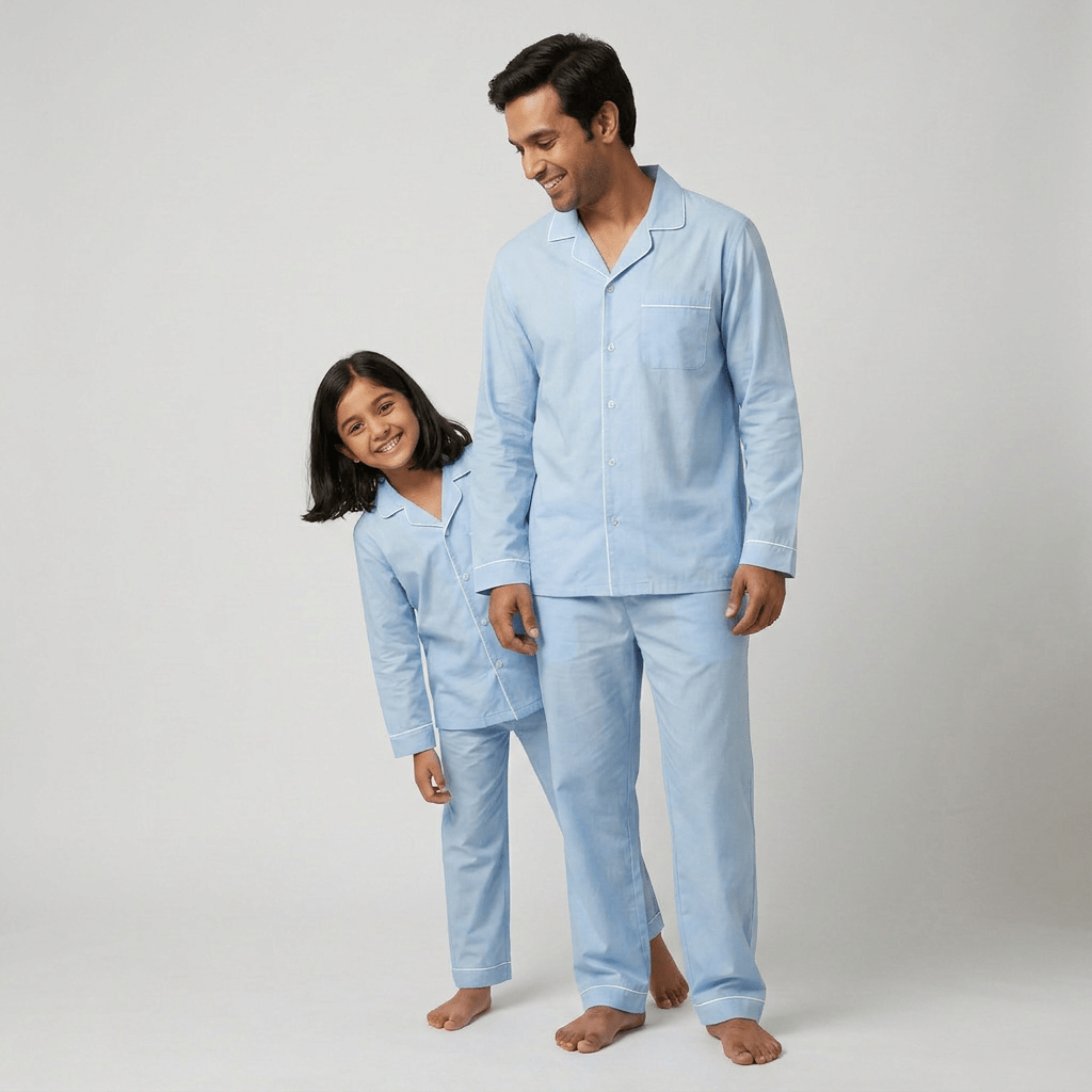 Matching Powder Blue full-sleeve night suit for father and daughter