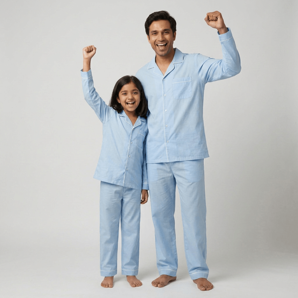 Powder Blue matching full-sleeve night suit for father and daughter, styled together