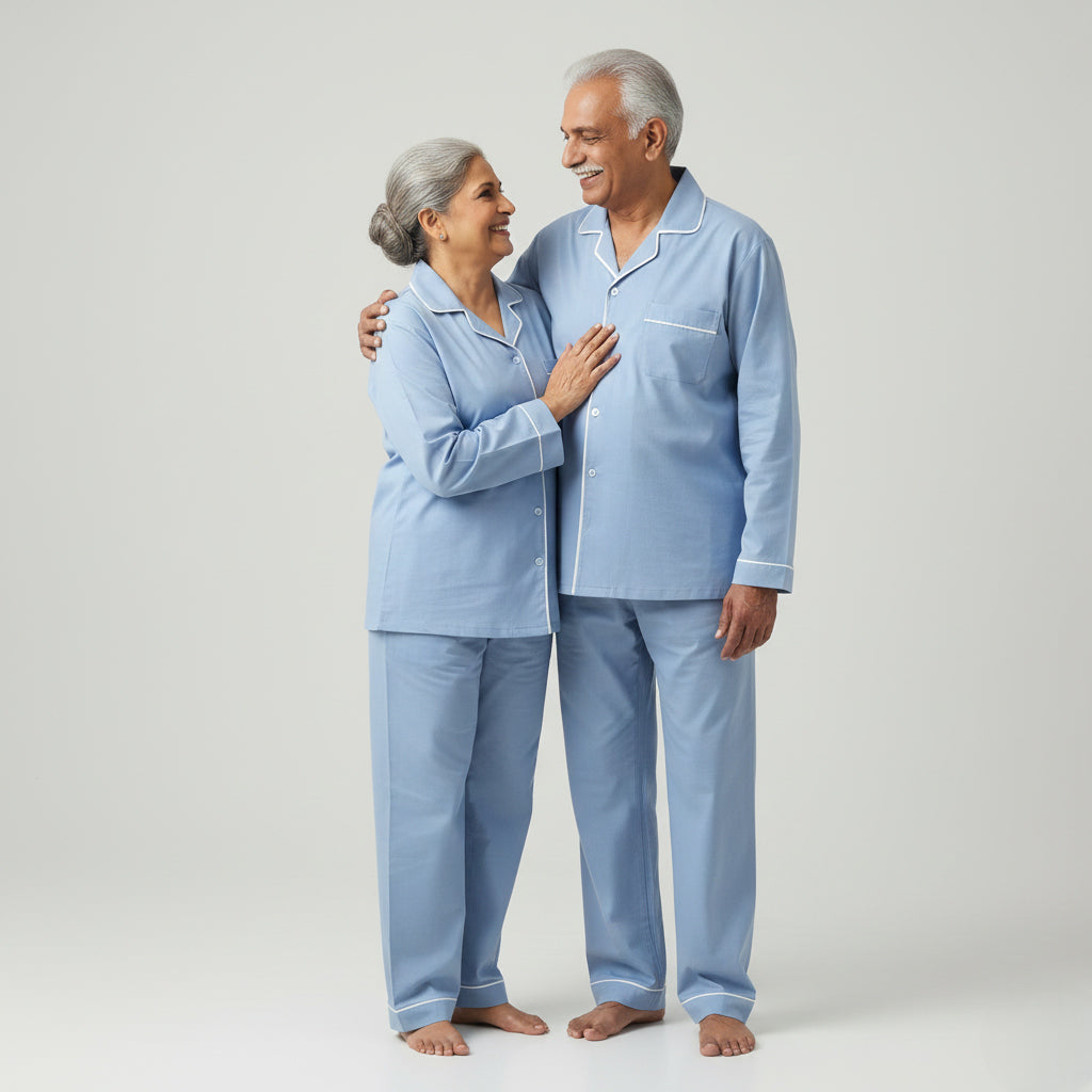 Elderly couple in powder blue matching pajama set, pastel coordinated sleepwear.