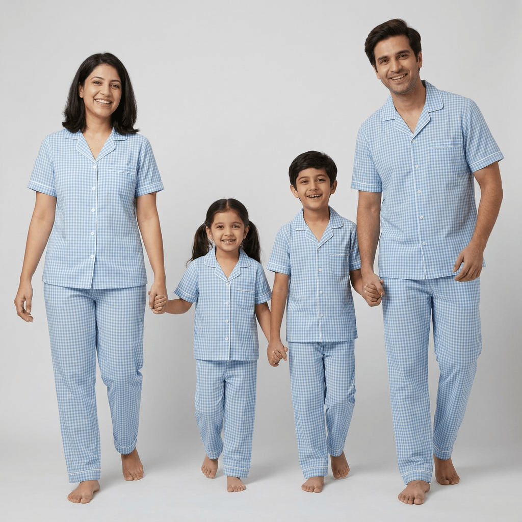 Matching Powder Blue Gingham half-sleeve night suit for mumma, papa and the little ones