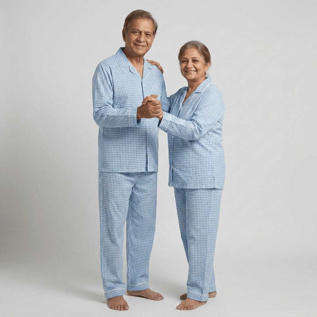 Pajama Tribe Powder Blue Gingham grandparents matching night suit