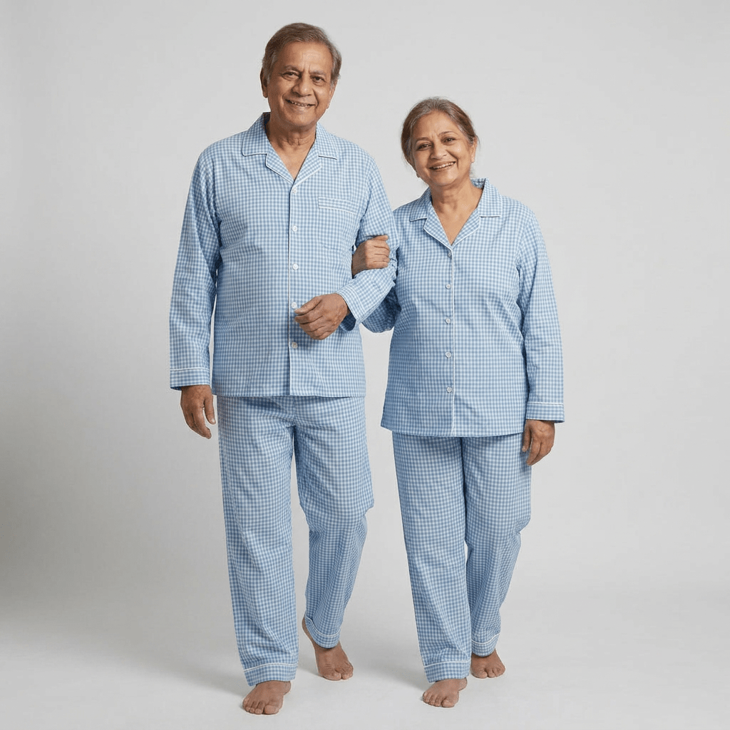 Your parents in matching Powder Blue Gingham full-sleeve night suit