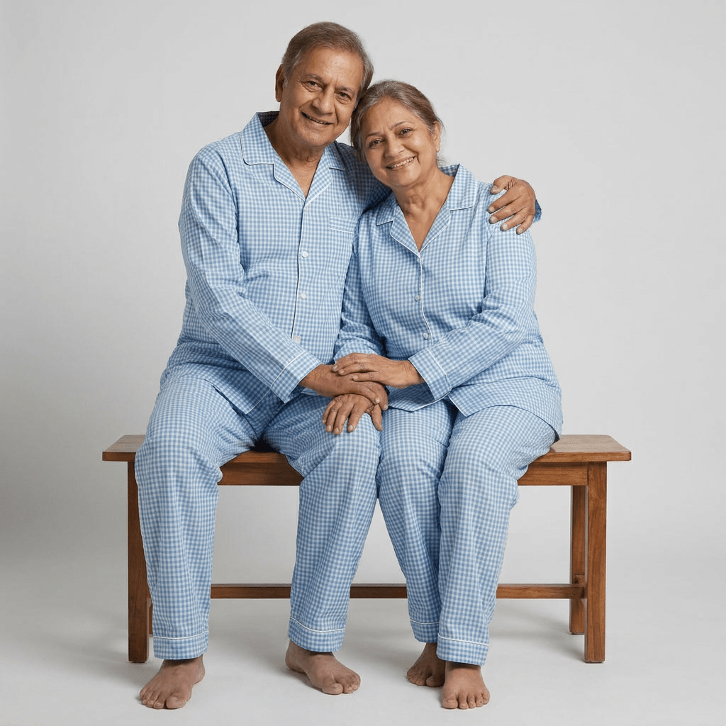 Powder Blue Gingham dada dadi matching night suit worn together