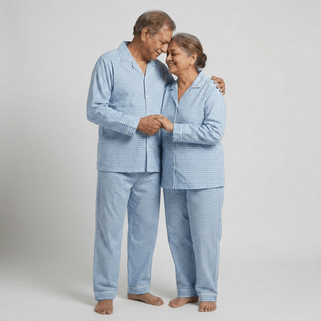 Matching Powder Blue Gingham full-sleeve night suit for dada and dadi