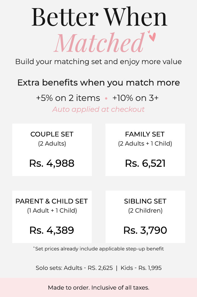 Guide showing available matching pajama set options and prices for couples, families, siblings, and individual sets