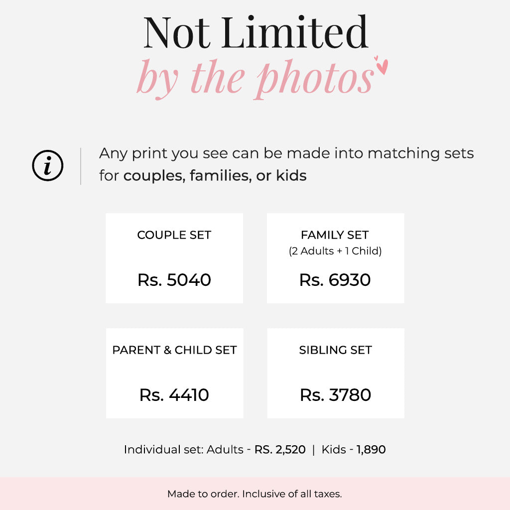 Guide showing available matching pajama set options and prices for couples, families, siblings, and individual sets