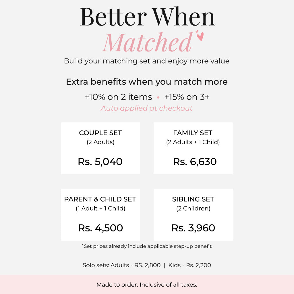Guide showing available matching pajama set options and prices for couples, families, siblings, and individual sets