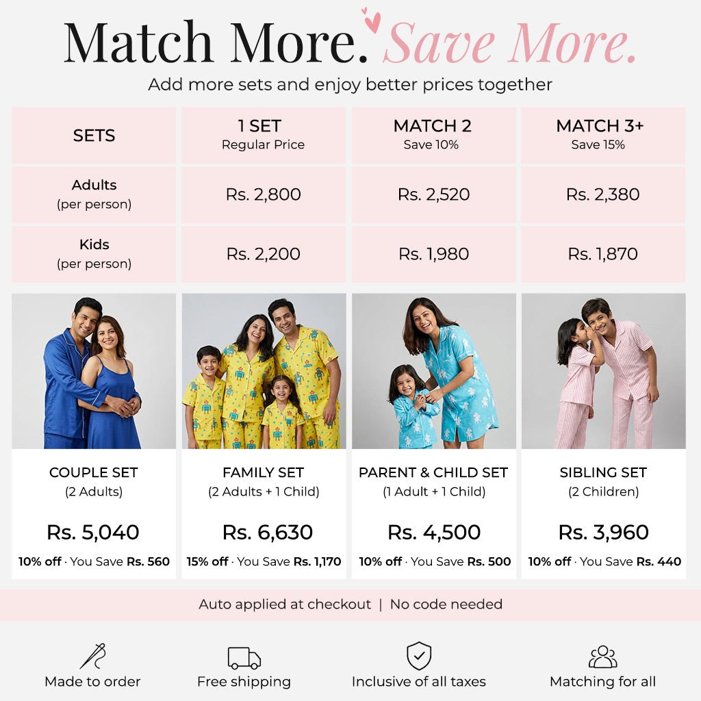 Guide showing available matching pajama set options and prices for couples, families, siblings, and individual sets
