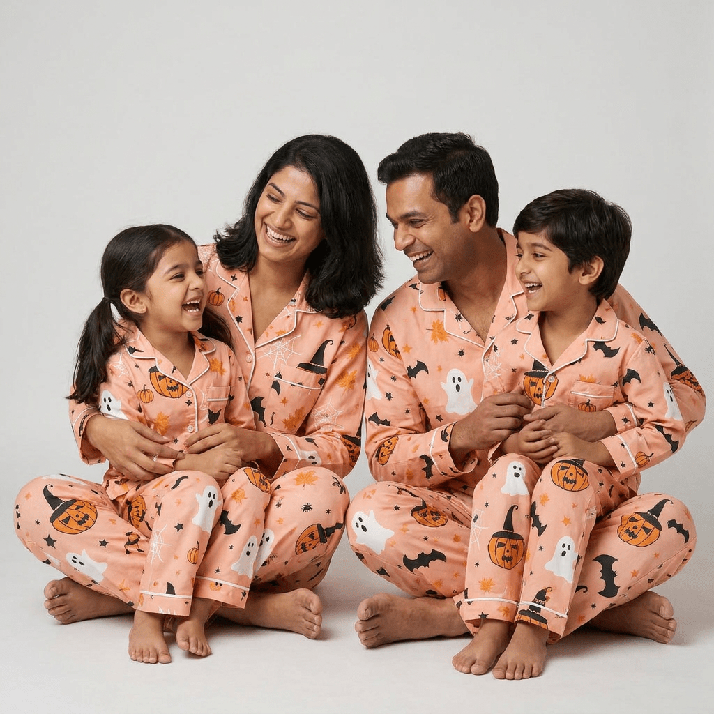 Mom, dad and the kids twinning in Pumpkin Tricksters full-sleeve night suit by Pajama Tribe