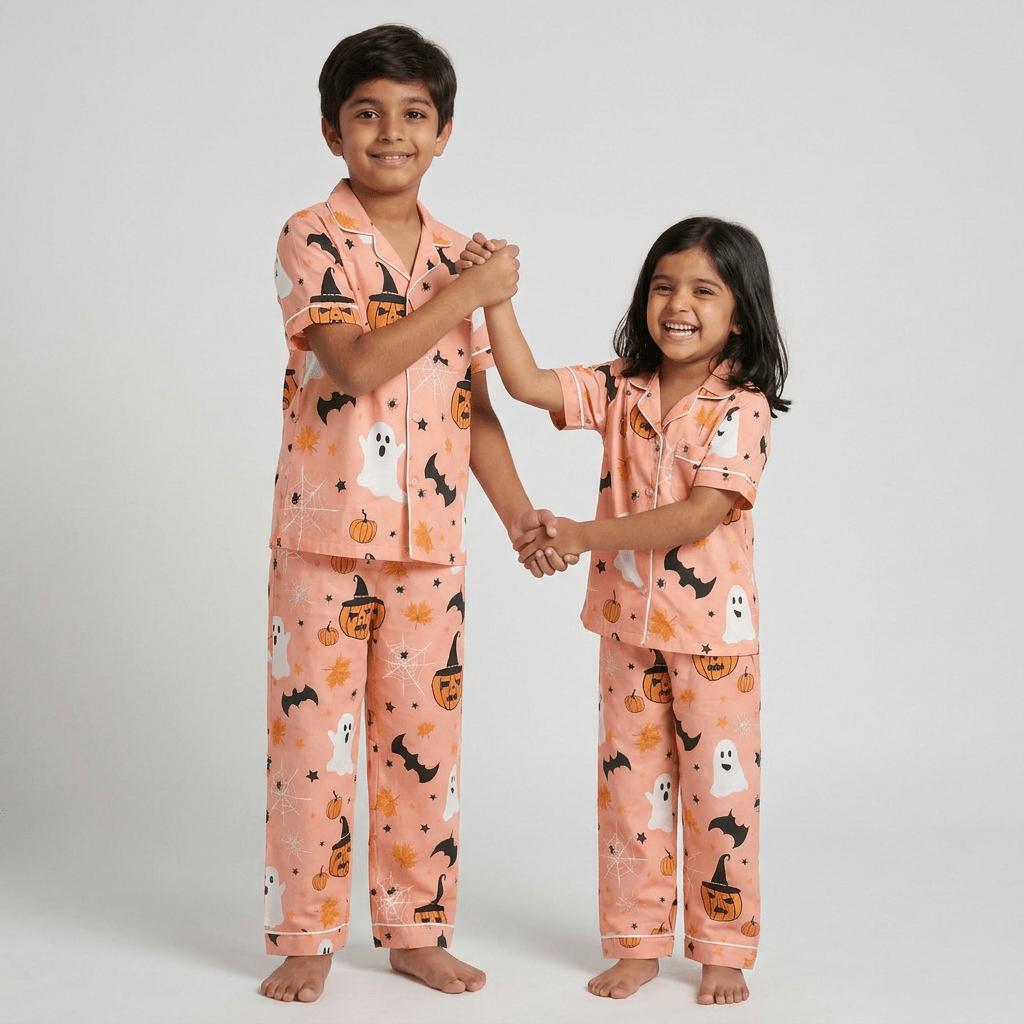 Matching Pumpkin Tricksters half-sleeve night suit for the siblings