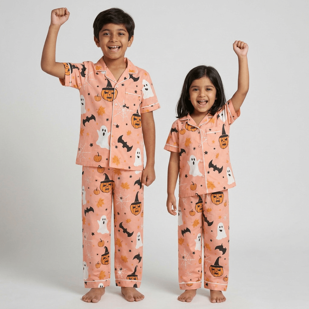 Brother and sister twinning in Pumpkin Tricksters half-sleeve night suit by Pajama Tribe
