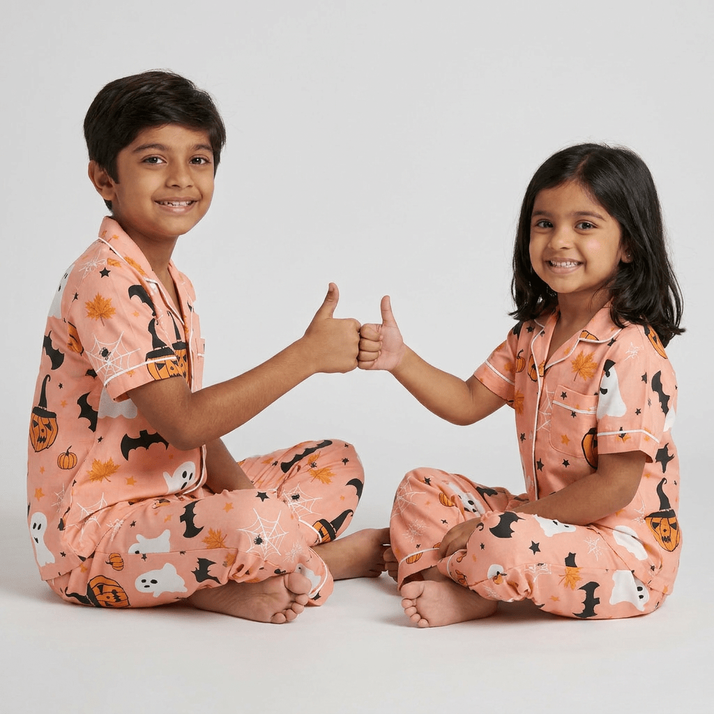 Pumpkin Tricksters matching half-sleeve night suit for bro and sis, styled together