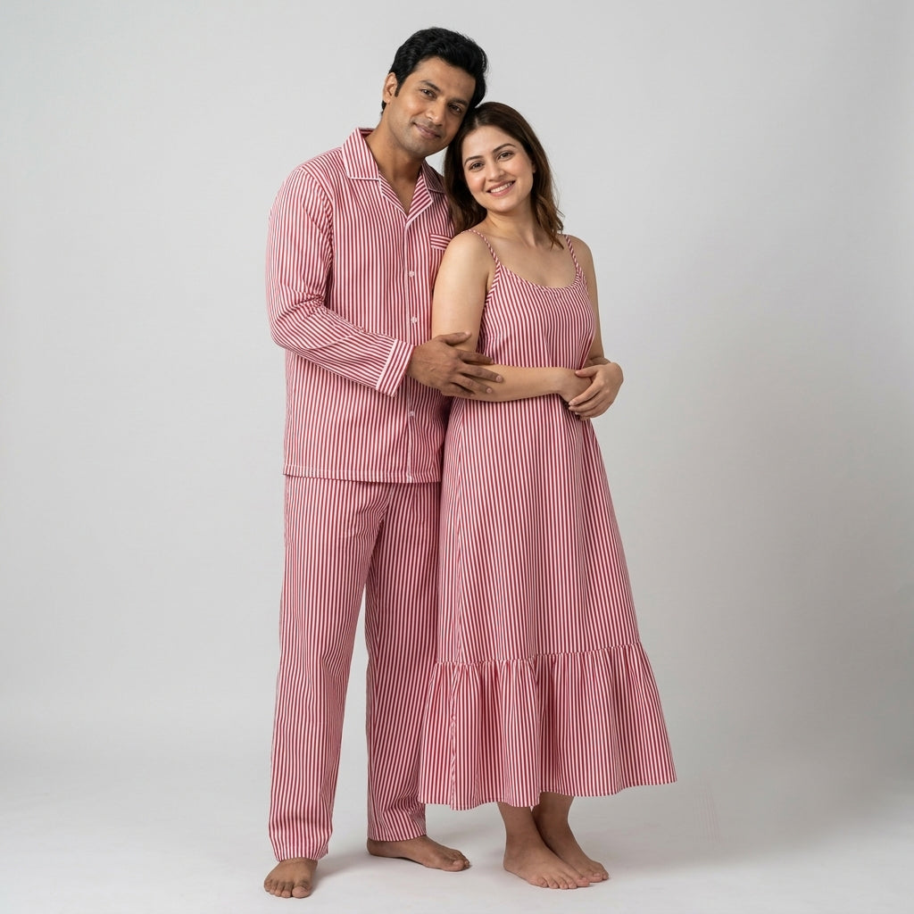 The two of you twinning in Red Classic Stripes night suit by Pajama Tribe