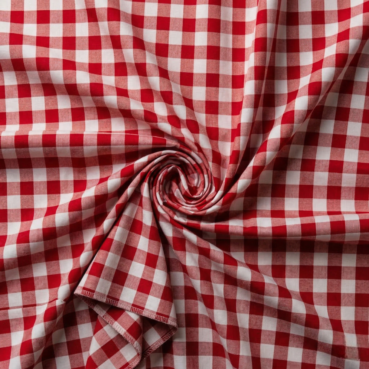 Red and white checkered fabric with a swirl pattern