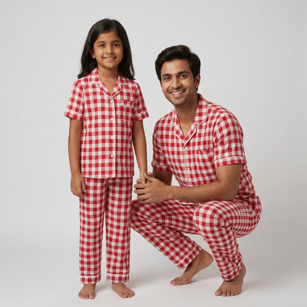 Dad and daughter in matching Red Gingham half-sleeve night suit