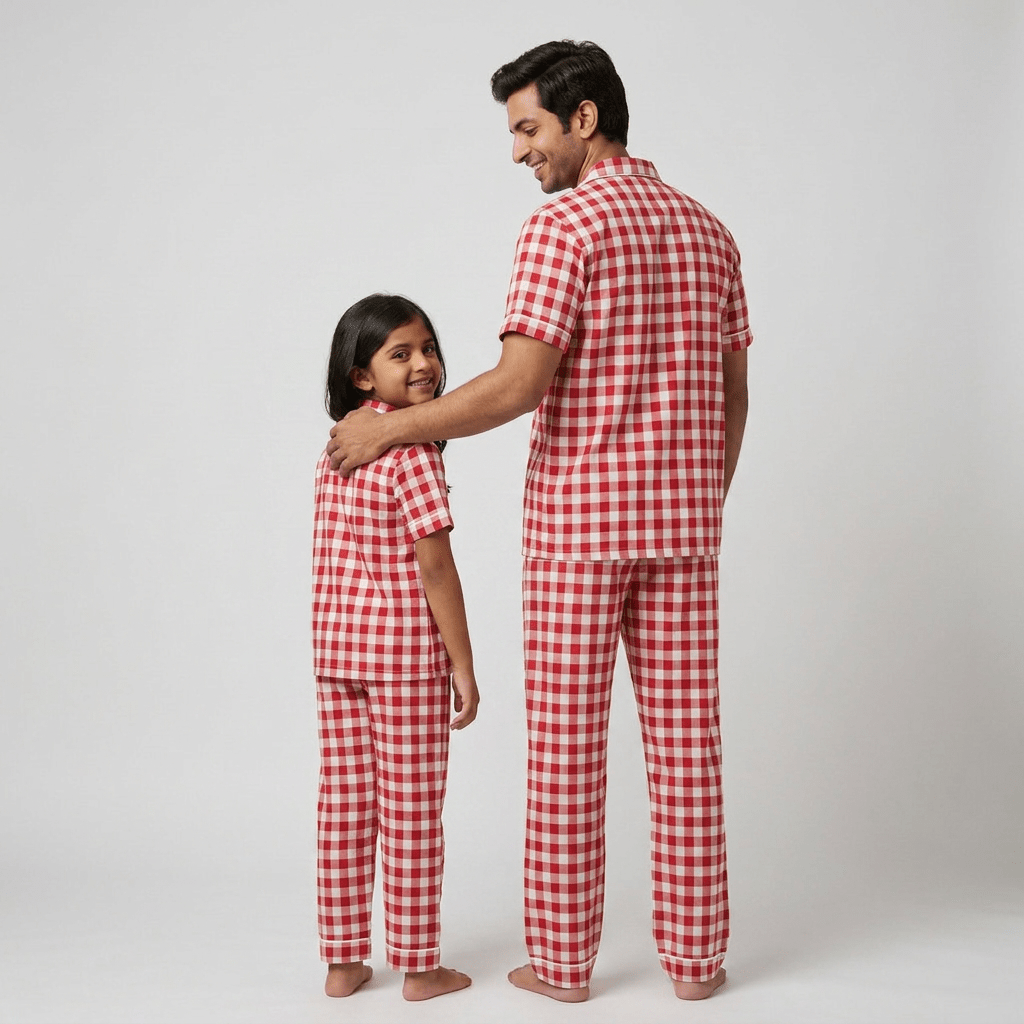 Red Gingham father daughter night suit worn together