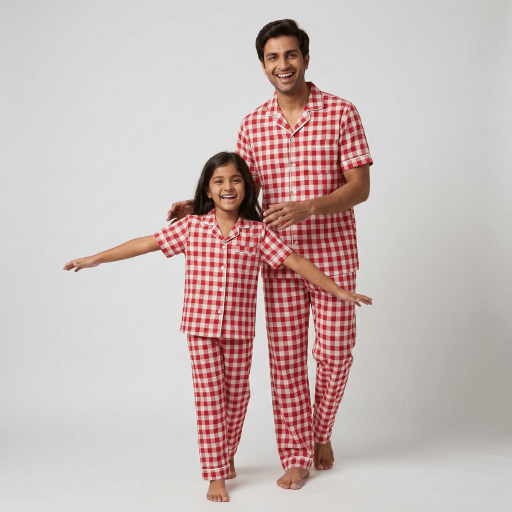 Red Gingham matching half-sleeve night suit for father and daughter, styled together