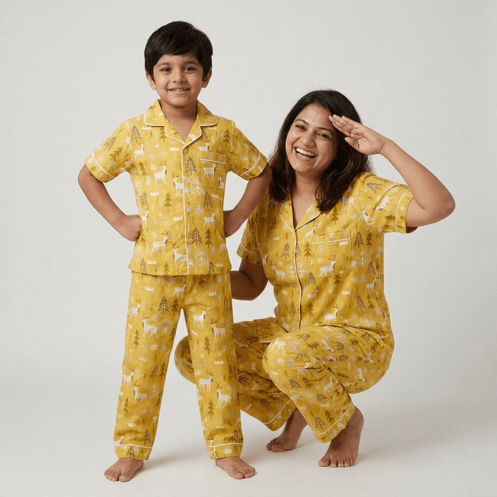 Mother and son in matching Reindeer half-sleeve night suit