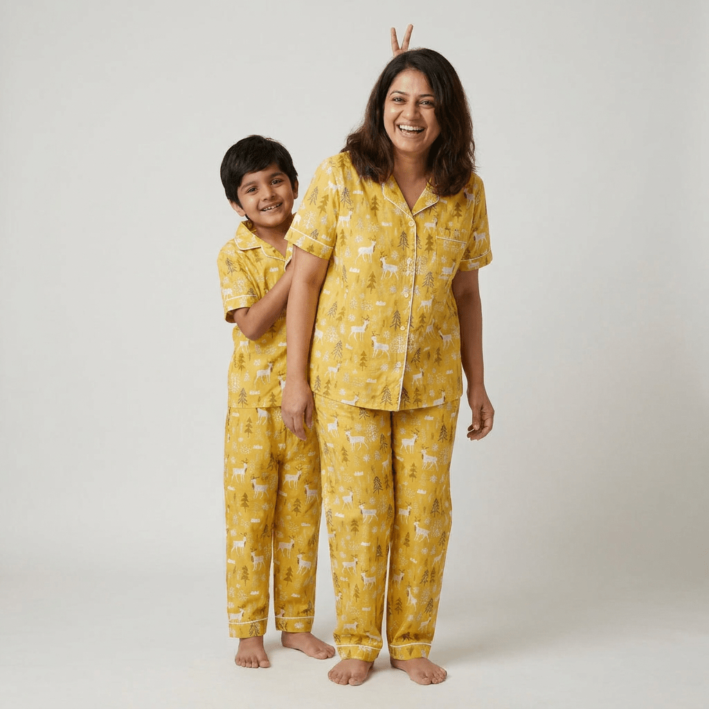 Matching Reindeer half-sleeve night suit for mom and son