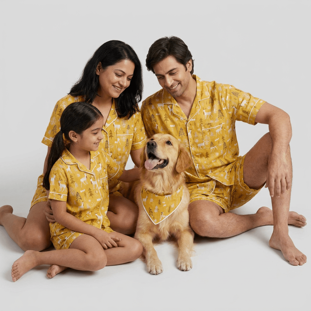 The whole family twinning in Reindeer in the Jungle shorts set by Pajama Tribe