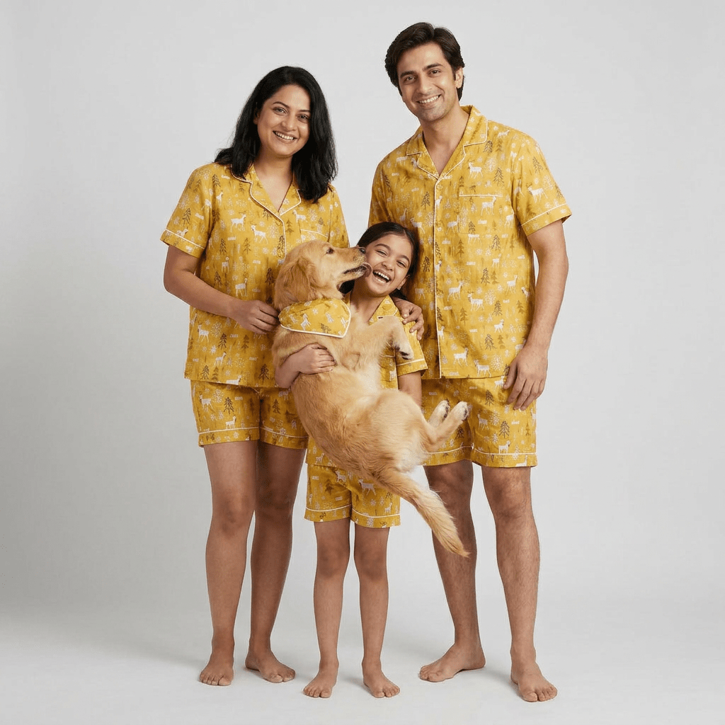 Reindeer in the Jungle matching shorts set for the whole family, styled together